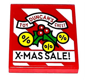 LEGO Red Tile 2 x 2 with ‘DUNCAN’S TOY CHEST’ and ‘X-MAS SALE!’ Sticker with Groove (3068)