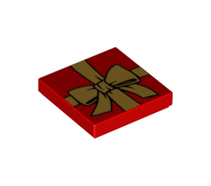 LEGO Rød Flise 2 x 2 med Golden Sløjfe, Gift Wrapping med rille (3068 / 14573)