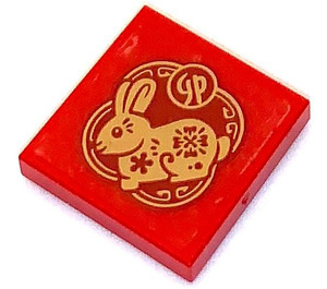 LEGO Red Tile 2 x 2 with Golden Bunny Sticker with Groove (3068)