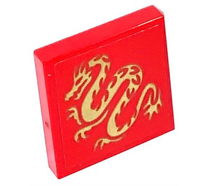 LEGO Red Tile 2 x 2 with Golden Dragon Sticker with Groove (3068)