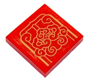 LEGO Red Tile 2 x 2 with Golden Ornaments Sticker with Groove (3068)