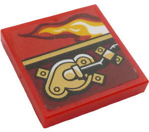 LEGO Red Tile 2 x 2 with Right Flame and Gold Mechanism Sticker with Groove (3068)