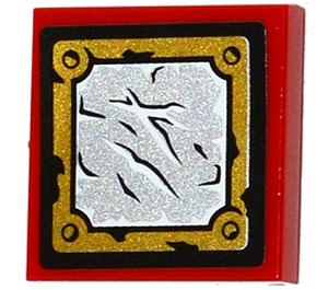 LEGO Red Tile 2 x 2 with Sheet Metall in Golden Frame Sticker with Groove (3068)