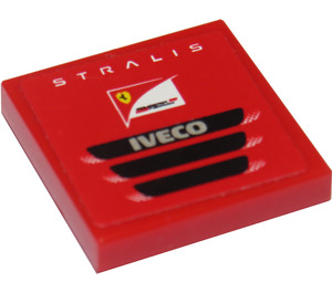LEGO Red Tile 2 x 2 with 'STRALIS', Scuderia Ferrari Logo and 'IVECO' Sticker with Groove (3068)