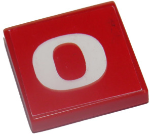 LEGO Red Tile 2 x 2 with White "O" on Red Sticker with Groove (3068)