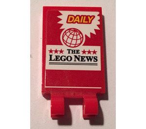 LEGO Red Tile 2 x 3 with Horizontal Clips with Daily News Sticker (Thick Open 'O' Clips) (30350)
