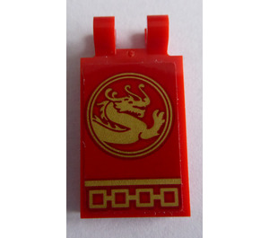 LEGO Red Tile 2 x 3 with Horizontal Clips with Gold Dragon Right Sticker (Angled Clips) (30350)