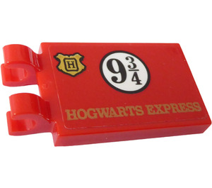 레고 빨간색 타일 2 x 3 ~와 함께 수평의 Clips ~와 함께 "HOGWART EXPRESS', '9 3/4' 그리고 Gold Hogwarts 심벌 마크 상표 (두꺼운 개방형 'O' 클립) (30350)