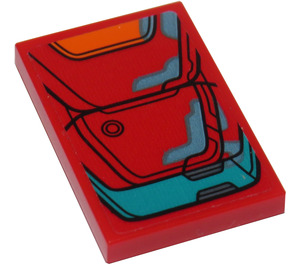 LEGO Red Tile 2 x 3 with Orange and Dark Turquoise Armor Plates Sticker (26603)