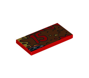 LEGO Red Tile 2 x 4 with 15 and mudsplatter left (33667 / 87079)