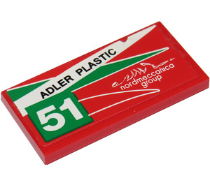 LEGO Red Tile 2 x 4 with "ADLER PLASTIC" and "51" - Left Sticker (87079)