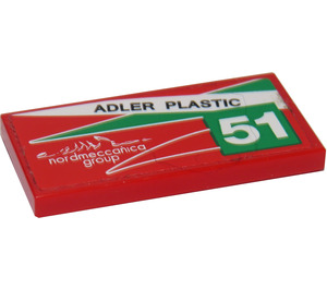 LEGO Red Tile 2 x 4 with "ADLER PLASTIC" and "51" - Right Sticker (87079)