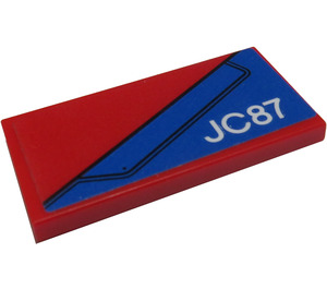 LEGO Red Tile 2 x 4 with Blue Wing Panel and 'JC87' on Red Background Sticker (87079)
