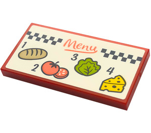 LEGO Red Tile 2 x 4 with 'Menu', Bread, Tomatoes, Salad, Cheese Sticker (87079)