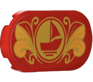 LEGO Red Tile 2 x 4 with Rounded Ends with Sailing Boat and Floral Decoration Sticker (66857)