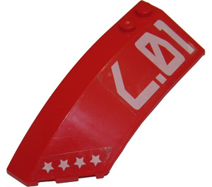 LEGO Red Wedge Curved 3 x 8 x 2 Left with Stars and 'L.01' Sticker (41750)