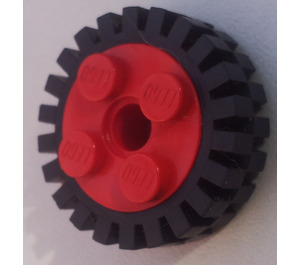 LEGO Red Wheel Rim 10 x 17.4 with 4 Studs and Technic Peghole with Narrow Tire 24 x 7 with Ridges Inside