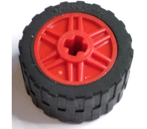 LEGO Red Wheel Rim Ø18 x 14 with Axle Hole with Tire 24 x 14 Shallow Tread (Tread Small Hub) without Band around Center of Tread