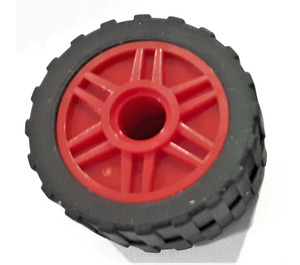 LEGO Red Wheel Rim Ø18 x 14 with Pin Hole with Tire 24 x 14 Shallow Tread (Tread Small Hub) with Band around Center of Tread