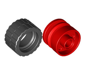 LEGO Red Wheel Rim Ø18 x 14 with Pin Hole with Tire 24 x 14 Shallow Tread (Tread Small Hub) without Band around Center of Tread