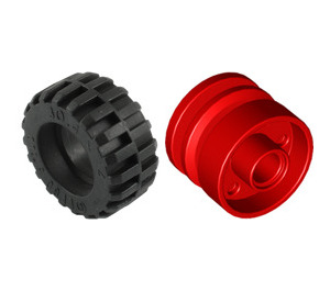 LEGO rot Rad Felge Ø18 x 14 mit Stift Loch mit Reifen Ø 30.4 x 14 mit Offset Treten Muster und Band around Center