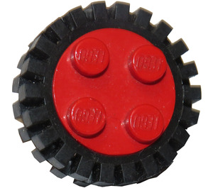 LEGO Red Wheel Rim 8 x 18 with 4 Studs and Cylindrical Axle with Narrow Tire 24 x 7 with Ridges Inside