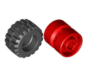 LEGO Red Wheel Rim Wide Ø11 x 12 with Notched Hole with Tire 21mm D. x 12mm - Offset Tread Small Wide with Band Around Center of Tread
