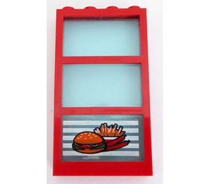 LEGO Red Window 1 x 4 x 6 with 3 Panes and Transparent Light Blue Fixed Glass with Hamburger and Fries Sticker (6160)