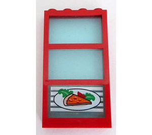 LEGO Rood Venster 1 x 4 x 6 met 3 Ruiten en Transparant Licht Blauw Fixed Glas met Pizza Pointing Rechts Sticker (6160)