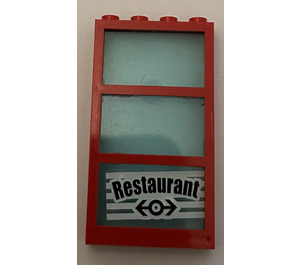 LEGO Röd Fönster 1 x 4 x 6 med 3 Rutor och Transparent Ljus Blå Fixed Glas med "Restaurant" Klistermärke (6160)