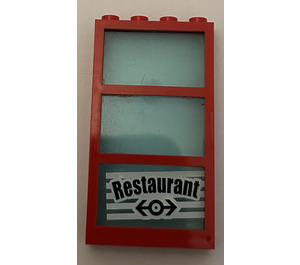 LEGO Red Window 1 x 4 x 6 with 3 Panes and Transparent Light Blue Fixed Glass with "Restaurant" Sticker (6160)
