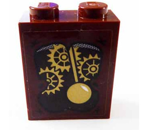 LEGO Brun rougeâtre Brique 1 x 2 x 2 avec Gold Gears et Pendulum Autocollant avec porte-goujon intérieur (3245)