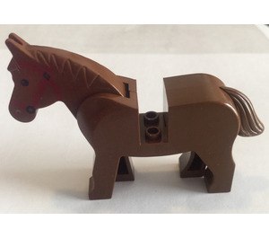 LEGO Reddish Brown Horse with Black Eyes and Red Bridle