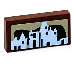 LEGO Reddish Brown Tile 1 x 2 with Landscape with Castle Sticker with Groove (3069)