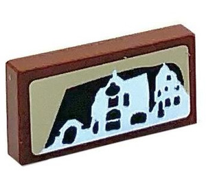 LEGO Reddish Brown Tile 1 x 2 with Landscape with Houses Sticker with Groove (3069)