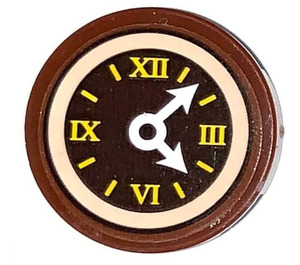 LEGO Reddish Brown Tile 2 x 2 Round with Antique Clock Sticker with Bottom Stud Holder (14769)