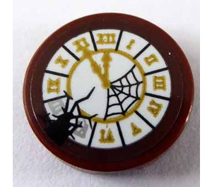 LEGO Reddish Brown Tile 2 x 2 Round with Gold Clock and Black Spider and Web Sticker with Bottom Stud Holder (14769)