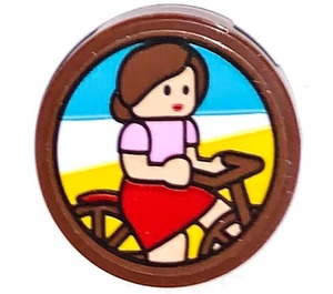 LEGO Reddish Brown Tile 2 x 2 Round with Picture of a Woman on a Bicycle (Ellie) Sticker with Bottom Stud Holder (14769)