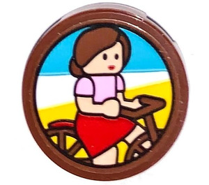 LEGO Brun rougeâtre Tuile 2 x 2 Rond avec Picture of une Woman sur une Vélo (Ellie) Autocollant avec porte-goujon inférieur (14769)
