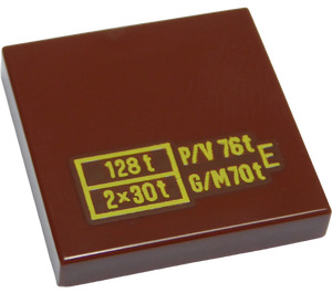 LEGO Reddish Brown Tile 2 x 2 with "128t 2x30t P/V 76t G/M 70t" with Groove (3068 / 73211)