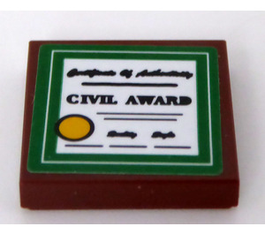 LEGO Reddish Brown Tile 2 x 2 with 'Certificate of Authenticity' and 'CIVIL AWARD' Sticker with Groove (3068)