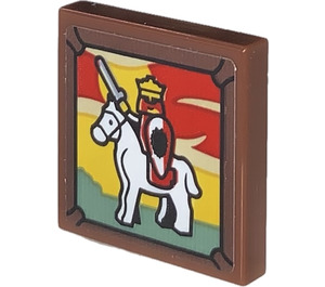 LEGO Reddish Brown Tile 2 x 2 with King on Horseback Sticker with Groove (3068)