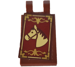 LEGO Reddish Brown Tile 2 x 3 with Horizontal Clips with Horse Head and Gold Border Sticker ('U' Clips) (30350)