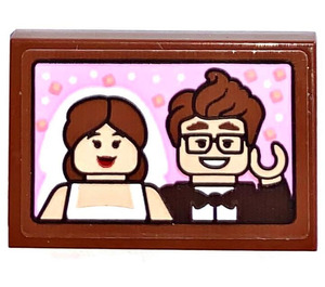 LEGO Reddish Brown Tile 2 x 3 with Wedding Picture of Ellie and Carl Sticker (26603)