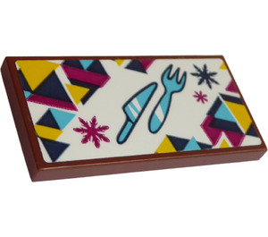 LEGO Reddish Brown Tile 2 x 4 with Knife, Fork and Snowflakes Sticker (87079)
