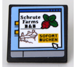 LEGO Roadsign Clip-on 2 x 2 Square with Computer Screen with 'Schrute Farms' and 'SOFORT BUCHEN' Sticker with Open 'O' Clip (15210)