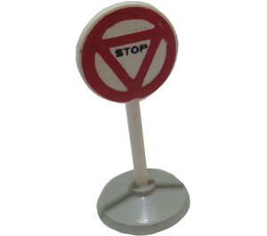 LEGO Round Road Sign with STOP in red bordered triangle pattern with Base Type 1