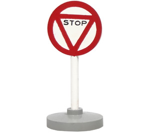 LEGO Round Road Sign with STOP in red bordered triangle pattern with Base Type 2