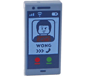 LEGO Sand Blå Bricka 1 x 2 med "Wong" Calling på Mobile Phone med skåra (3069 / 104125)