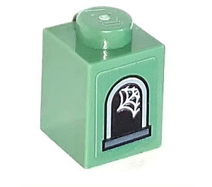 LEGO Sand Green Brick 1 x 1 with Window with Spiderweb Sticker (3005)